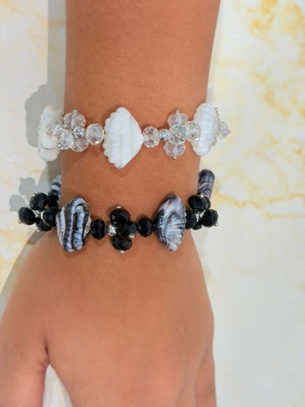 1 Black & 1 White Shell stackable Bracelet Set - Women Jewelry BUNDLE